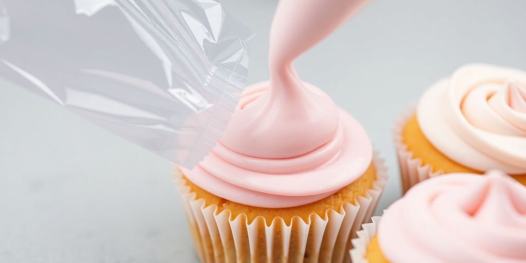 Ziploc bag piping frosting onto a cupcake.