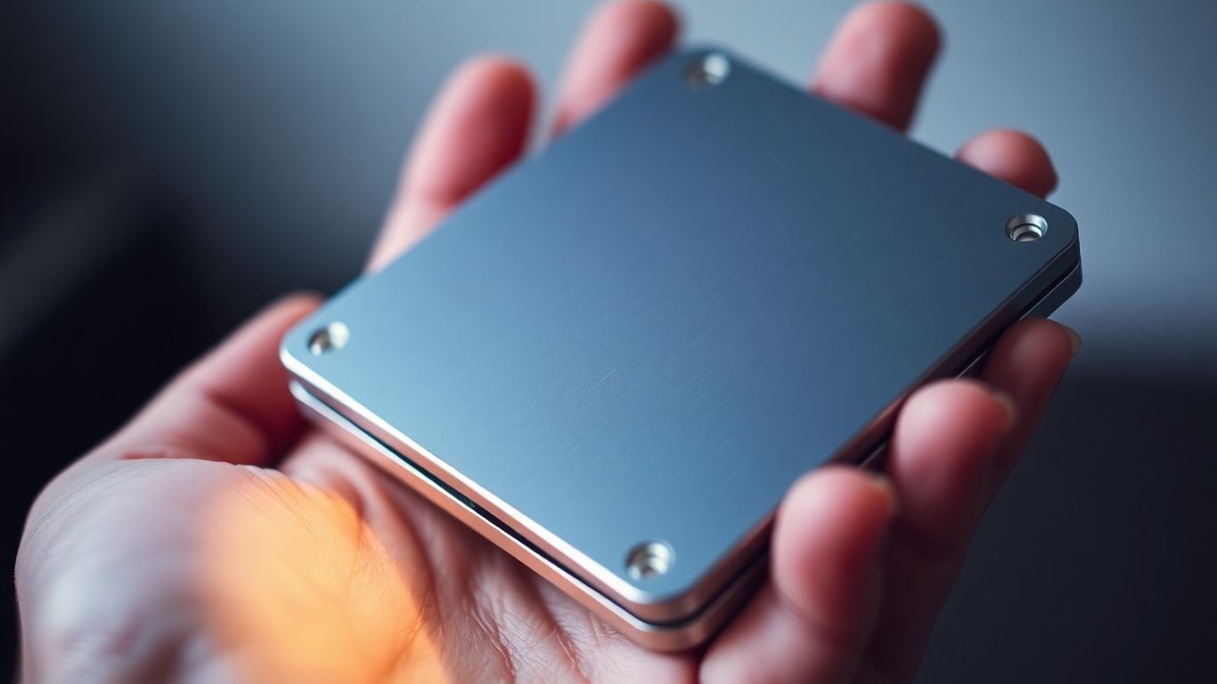 Metallic crypto hardware wallet held in a hand.
