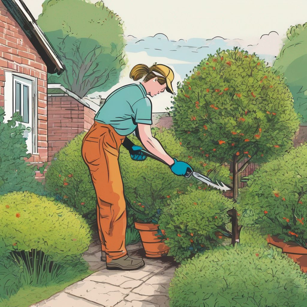 person pruning healthy shrub in garden