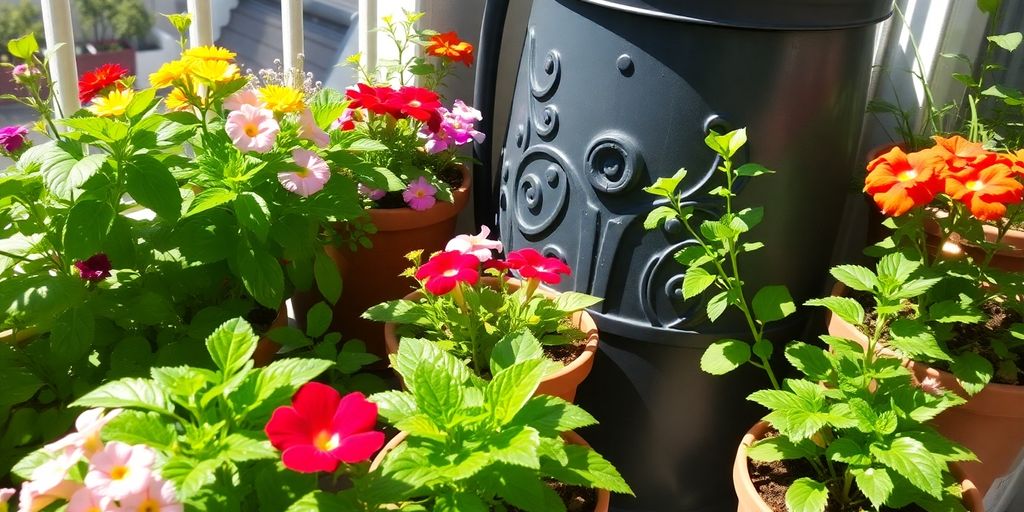 Balkon mit Pflanzen und Regensammler bei Bewässerung.