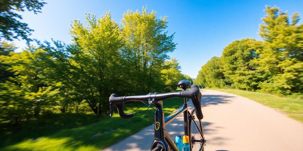 Cyclist on a road bike on a sunny paved path.