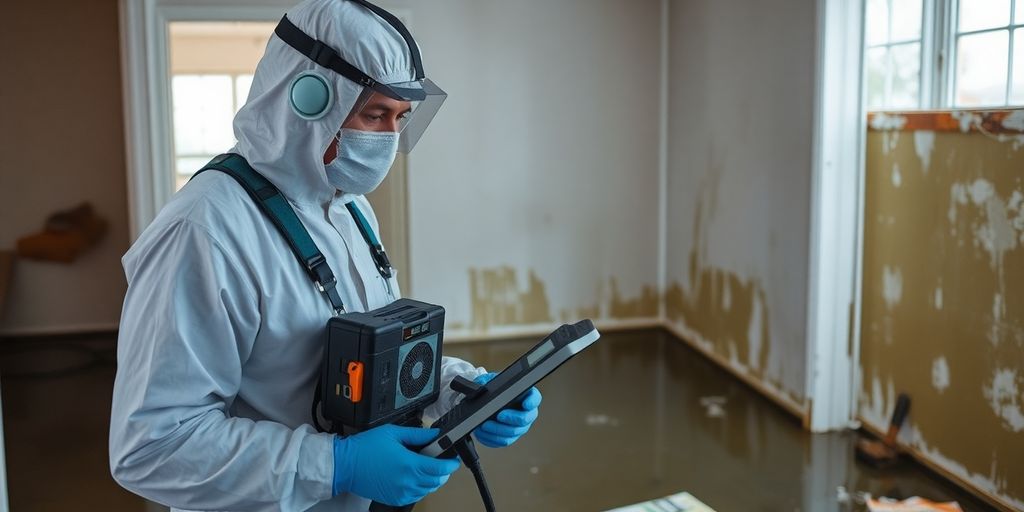 Water damage restoration technician assessing a flooded area.