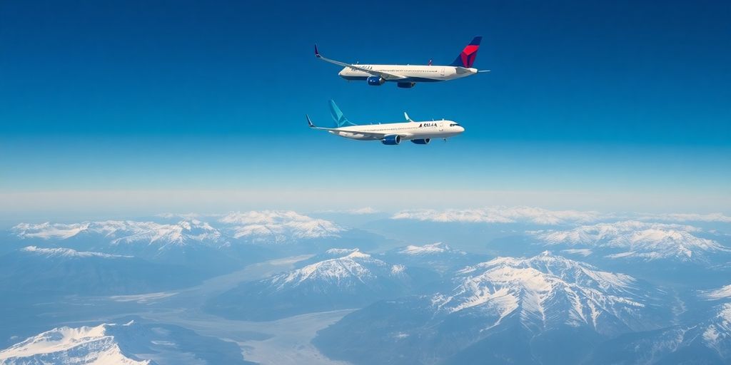 A Delta airplane flying over snowy Alaskan mountains.