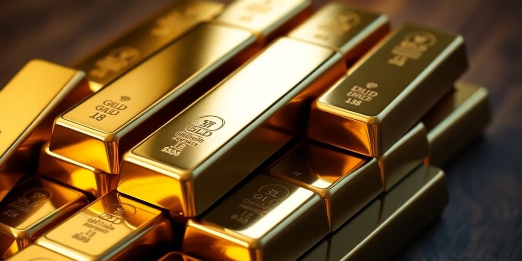 Des lingots d'or empilés sur une table en bois.