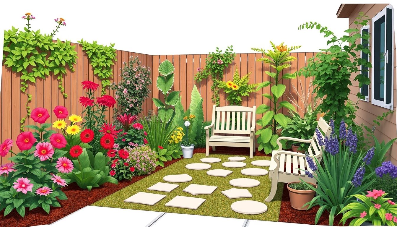 Small landscaped garden with flowers and seating area