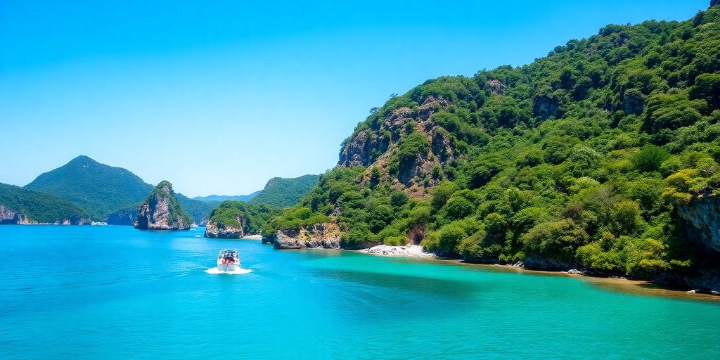 A boat on calm waters near a lush coast.