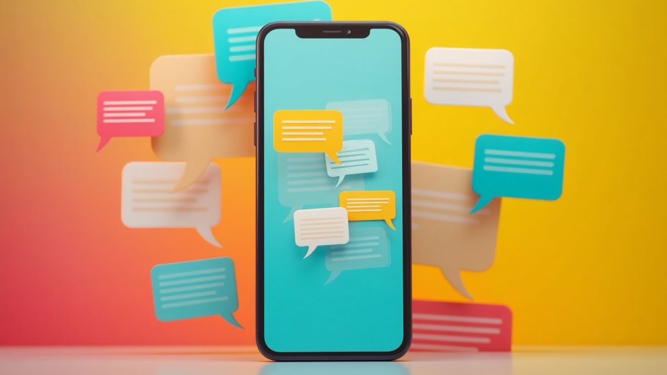 Smartphone with colorful chat bubbles and messages.
