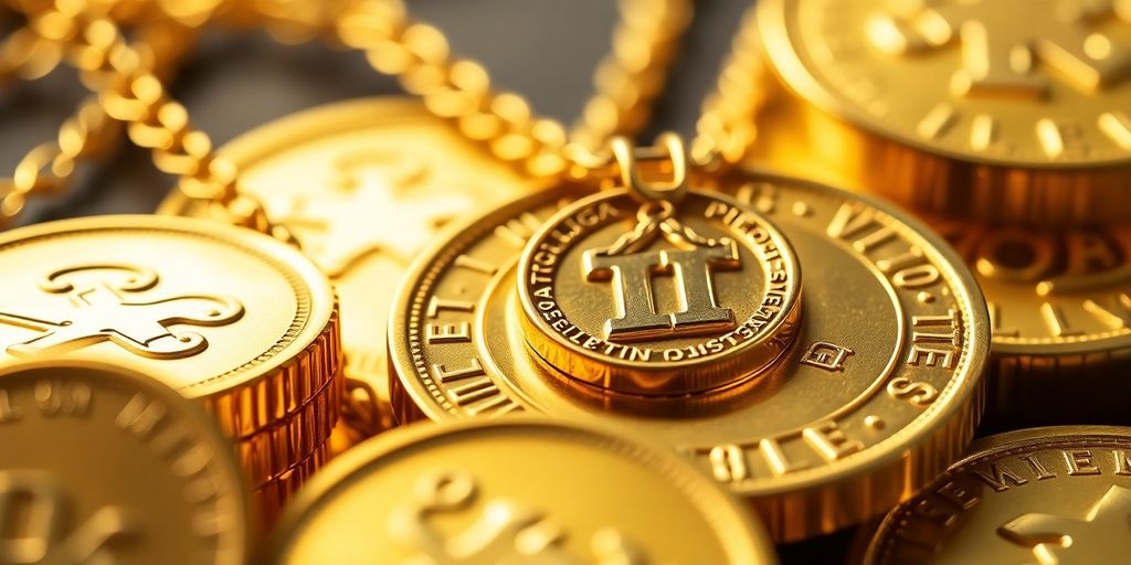 Bijoux et pièces d'or brillants, symbolisant la richesse.