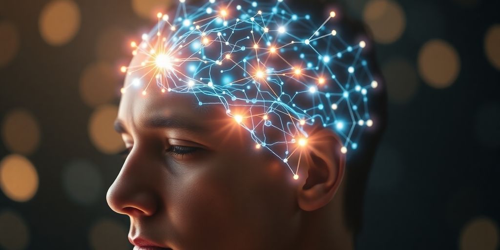 Person's head with glowing neural connections for financial mindset.