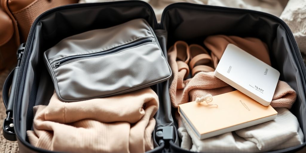 Gepackter Koffer mit Kleidung und Reiseutensilien