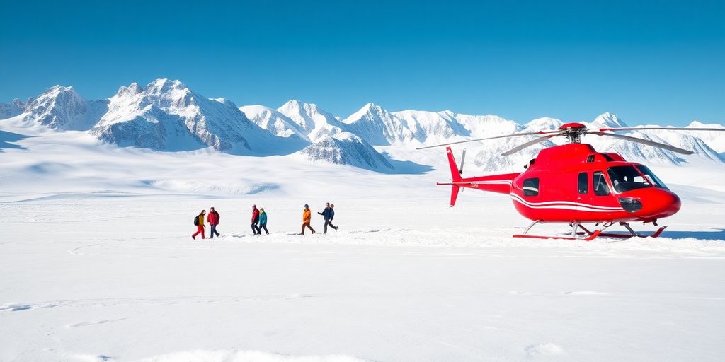 A red helicopter landed on a vast Alaskan glacier.