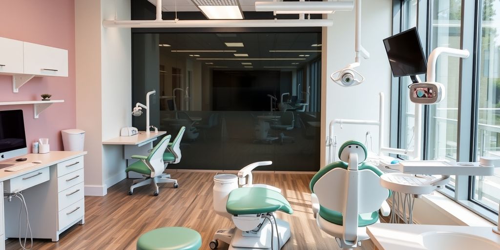 Espaço de coworking odontológico moderno e colaborativo.