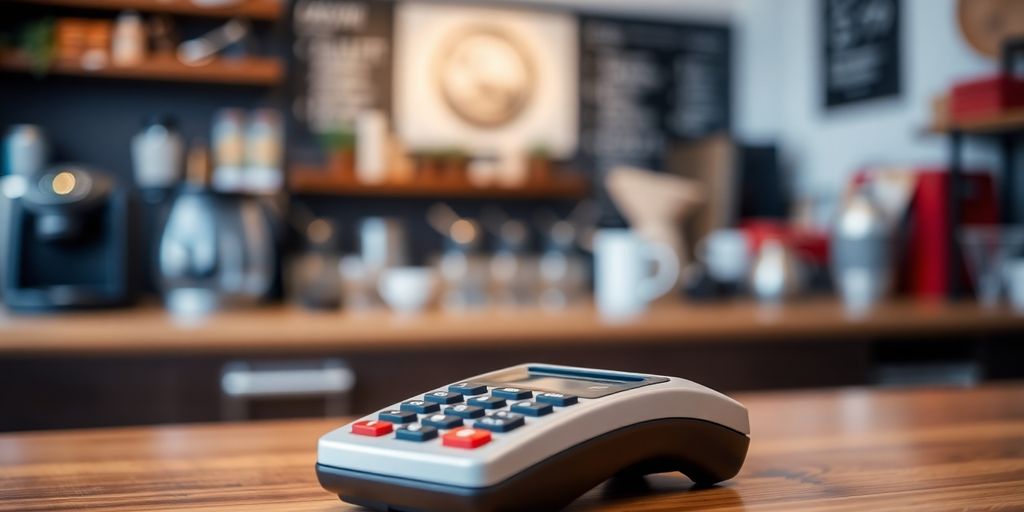 Credit card reader on a wooden countertop in a cafe.