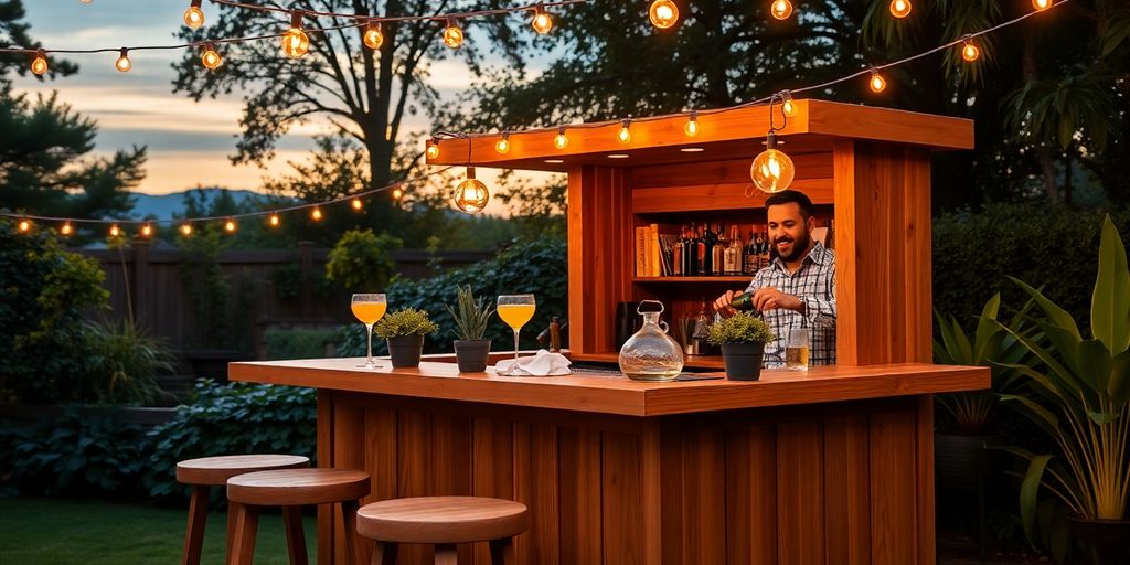 Mobiele houten bar in tuin met gasten, bartender en lichtjes