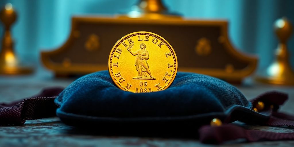 Pièce en or de Napoléon sur un coussin en velours.