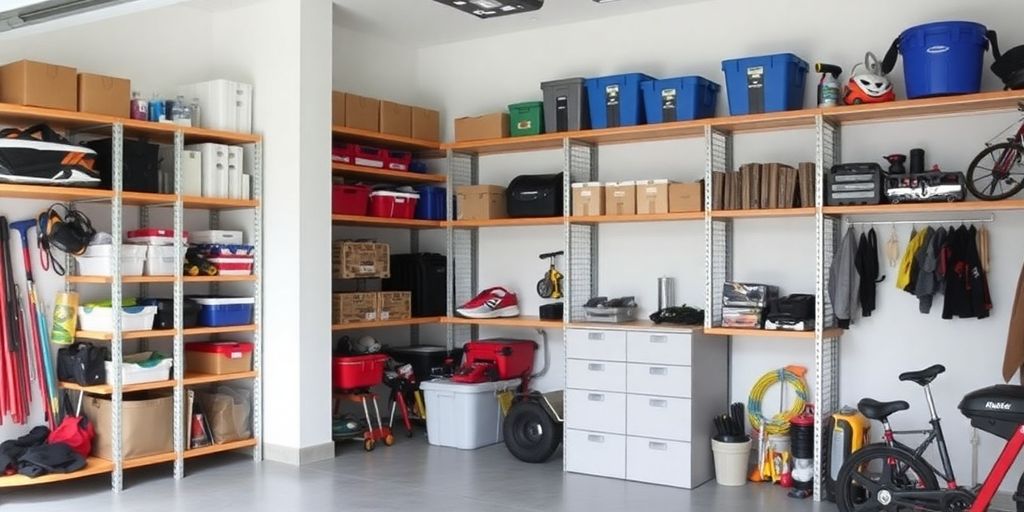 Organized garage with a shelf system full of items.