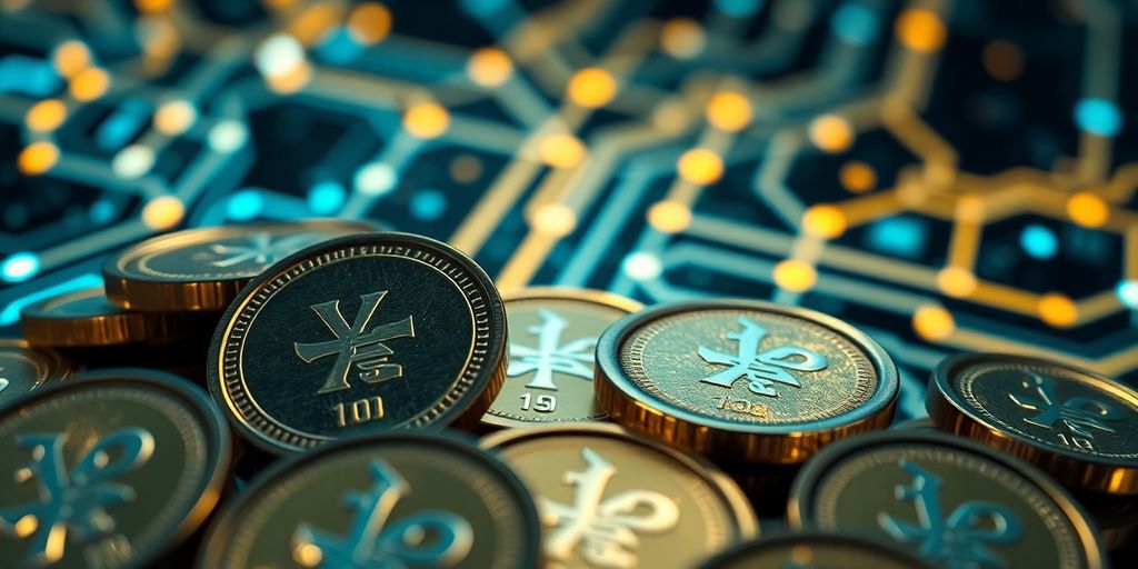Japanese yen coins and digital circuit background.