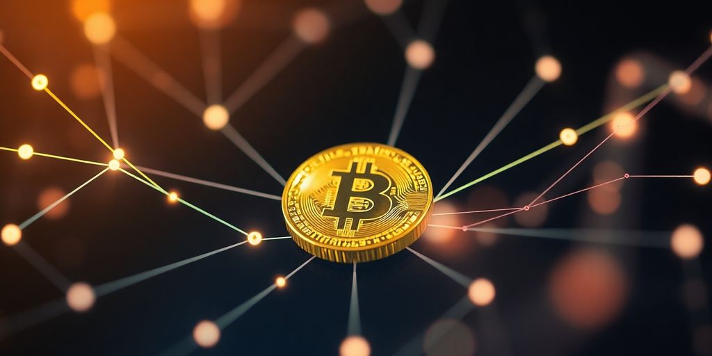 Golden coin with glowing network lines.