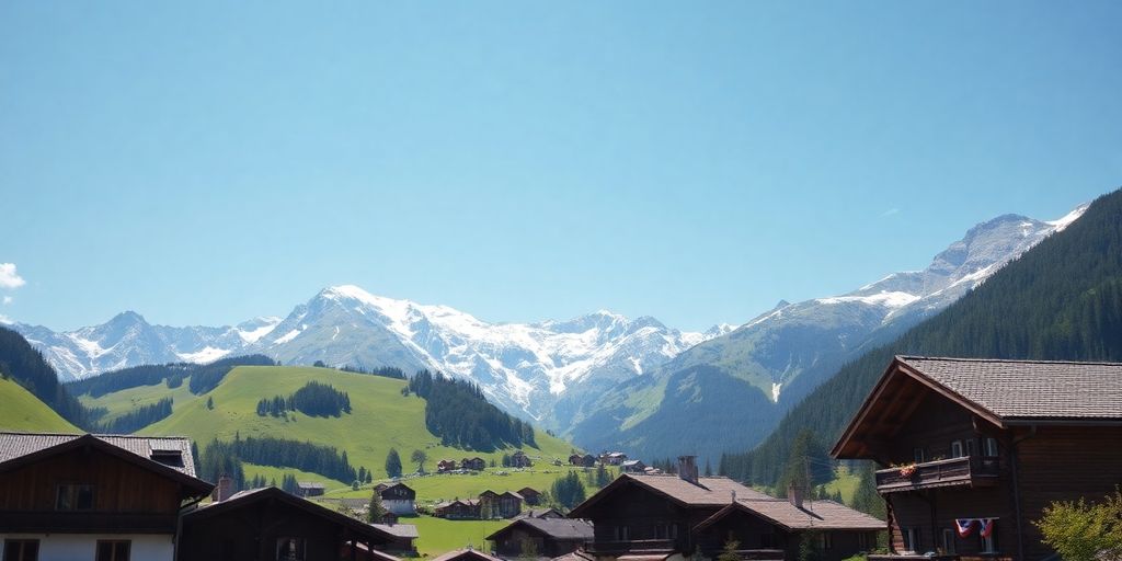 Charming Swiss village in the Alps with snow-capped mountains.
