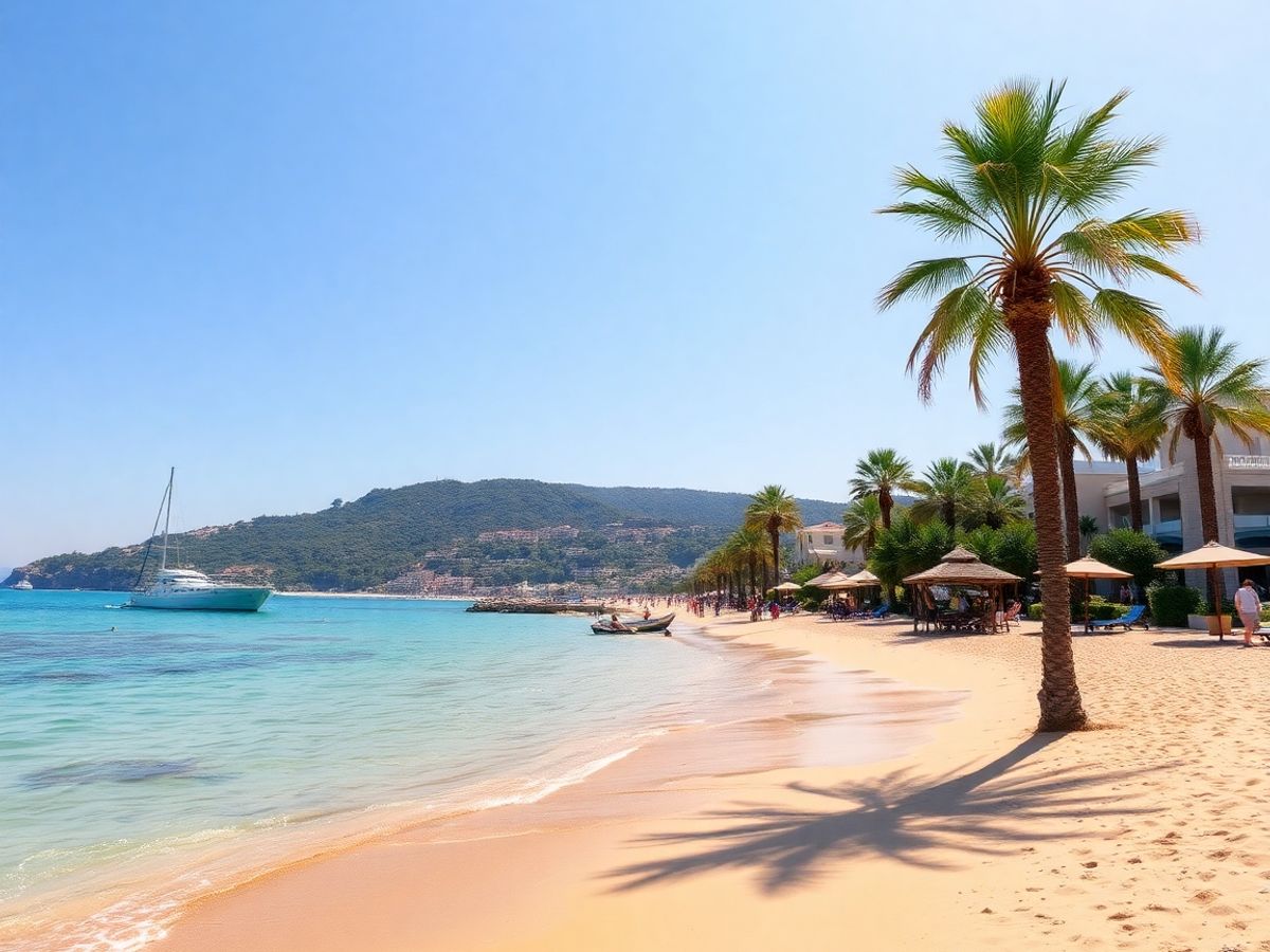 Luxurious beach with calm azure water and golden sand.
