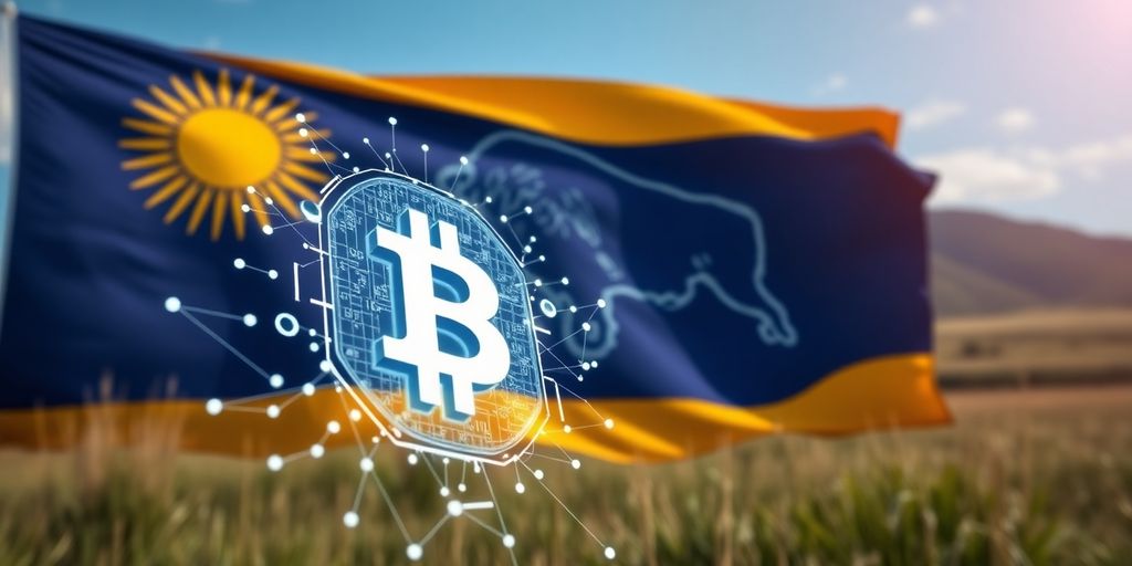 Wyoming landscape with state flag and blockchain imagery.