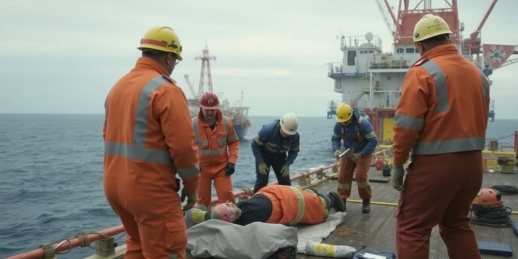 Rescue workers aiding injured offshore worker at sea.