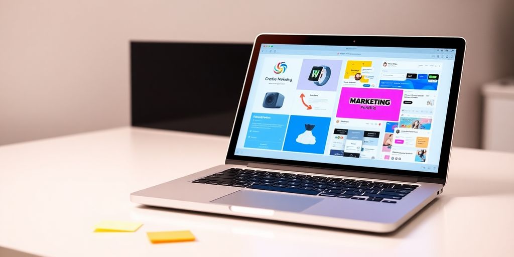 Open laptop displays diverse marketing portfolio elements.