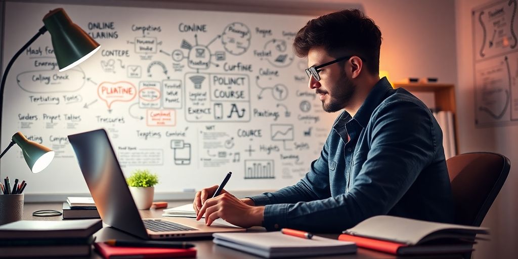 Person creating an online course with laptop and notebooks.