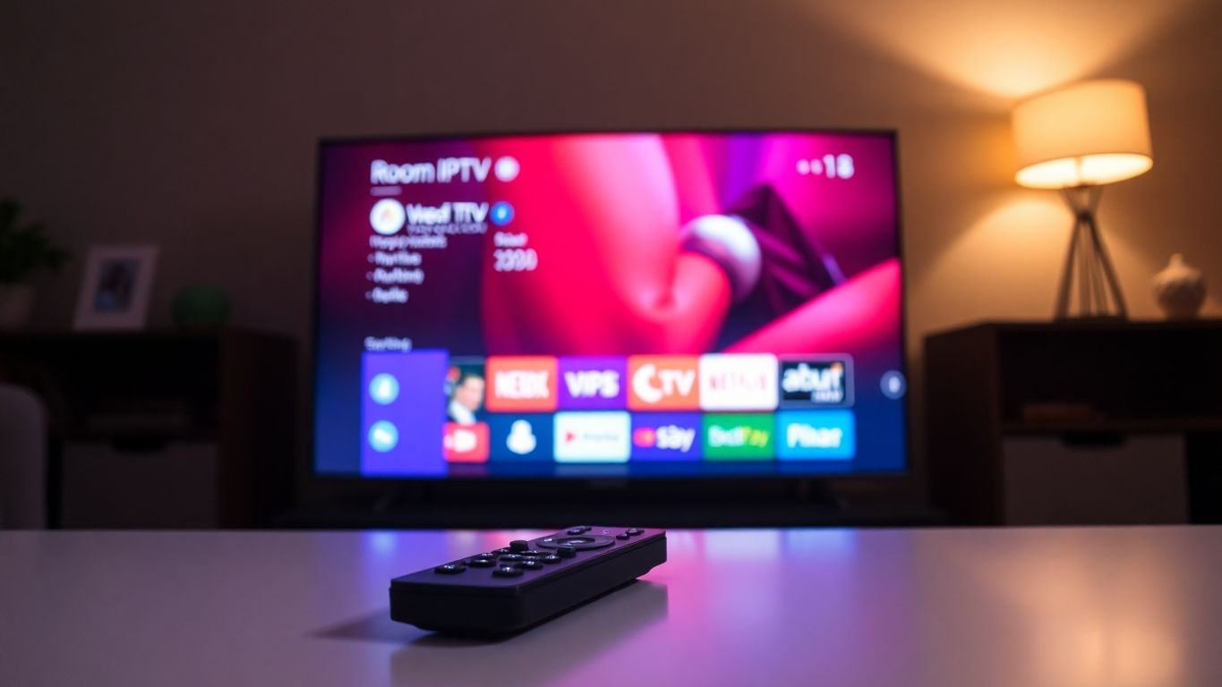 Image photographique d'une interface Room IPTV sur un écran.