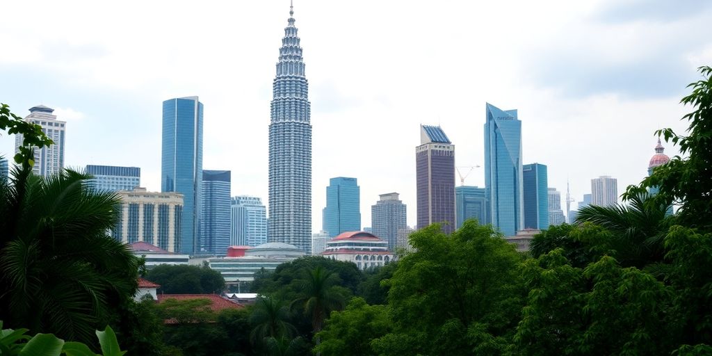 Kuala Lumpur skyline with Petronas Towers and greenery.