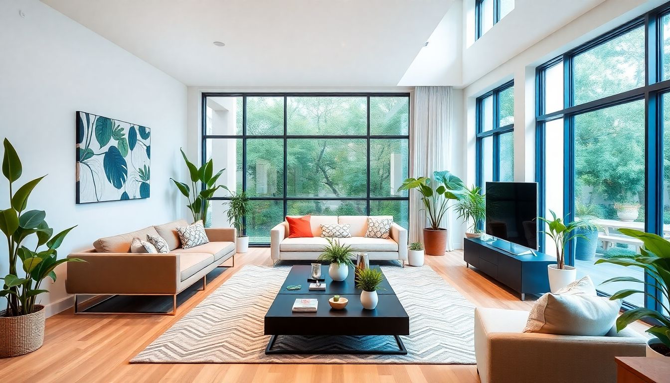 Modern living room with sleek furniture and large windows.