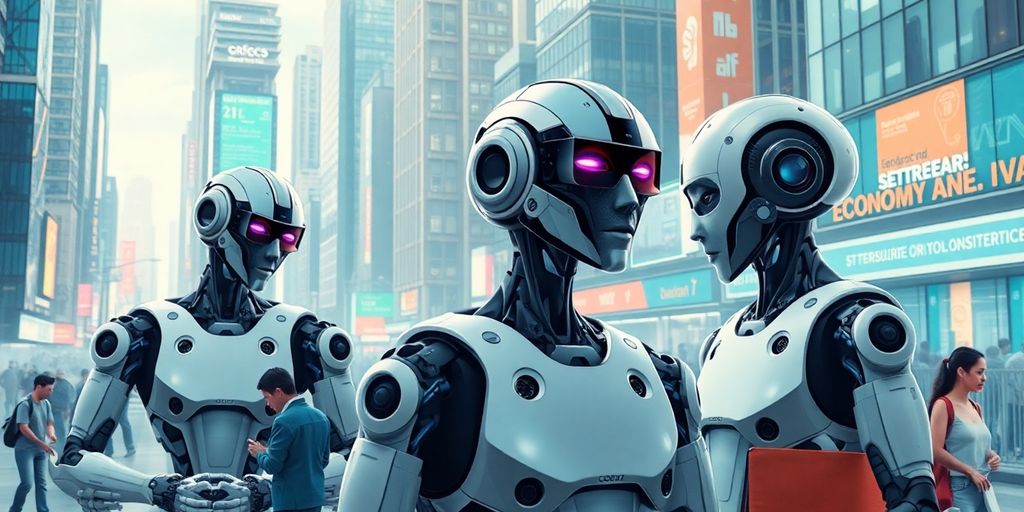 A futuristic city with humans and robots working together.