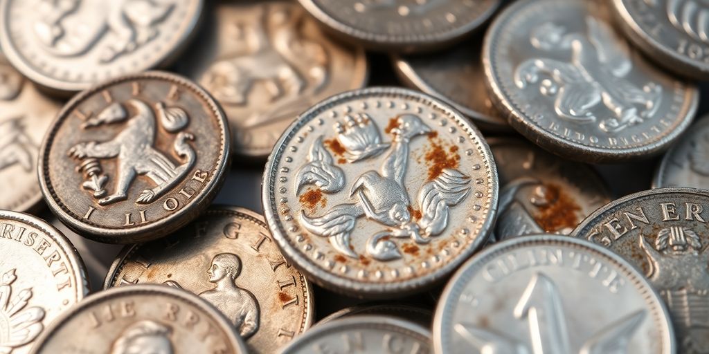 Close-up of various junk silver coins on a surface.