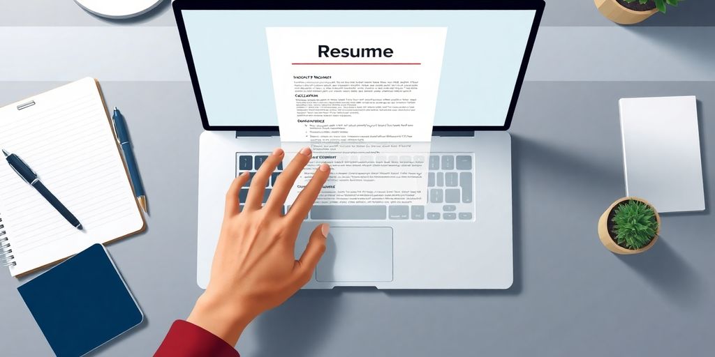 Resume on a laptop, surrounded by office items.