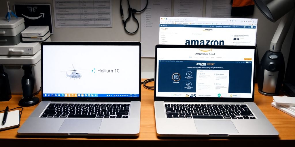 Two laptops comparing Helium 10 and Jungle Scout.
