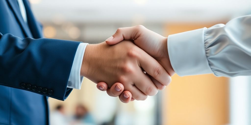 Two business people shaking hands.
