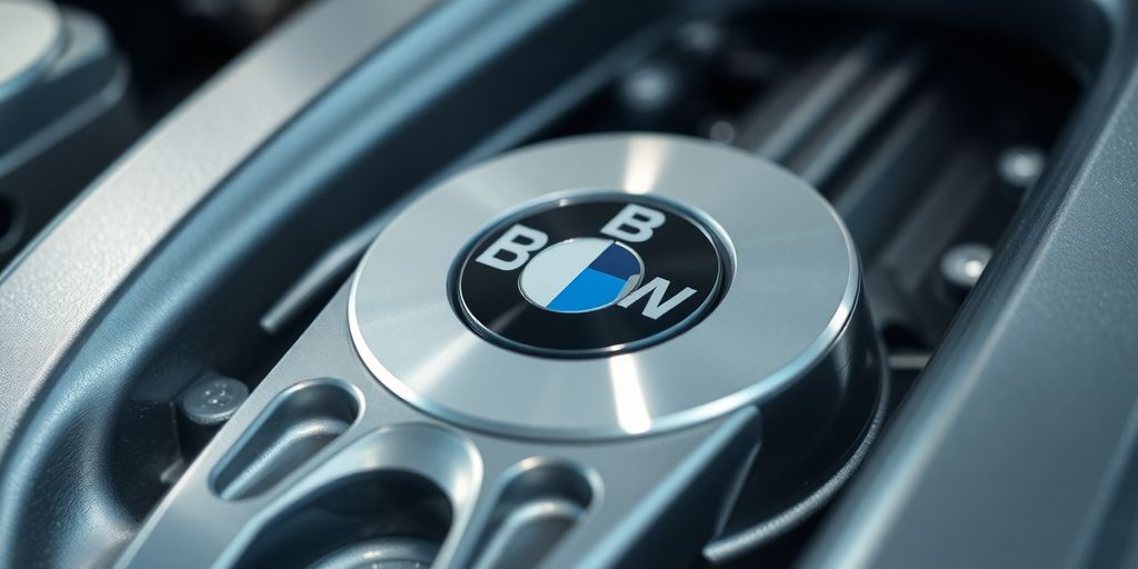 Close-up of a shiny BMW engine part.
