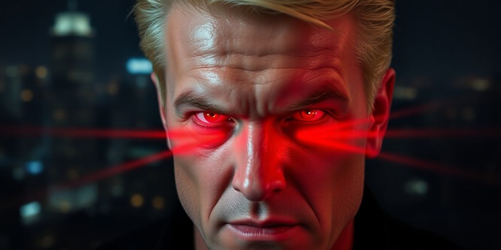 Bloody superhero flying with laser eyes, very intense.