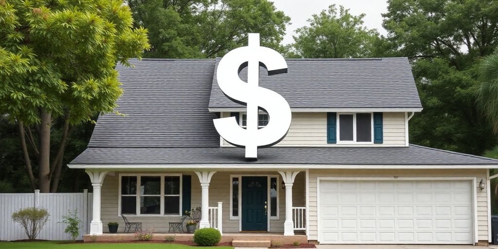 Casa con un gran signo de dólar sobre ella.