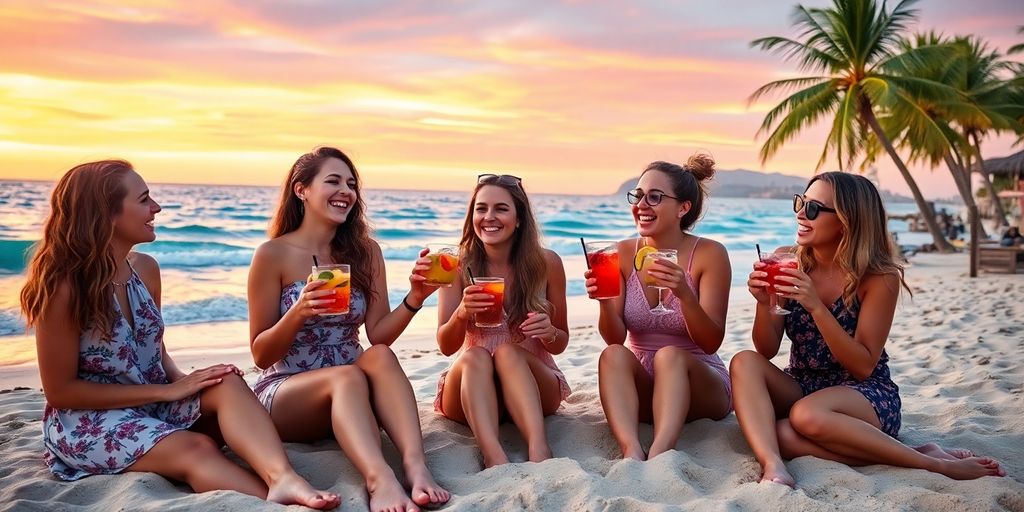 Women toasting on Cabo beachfront at sunset.