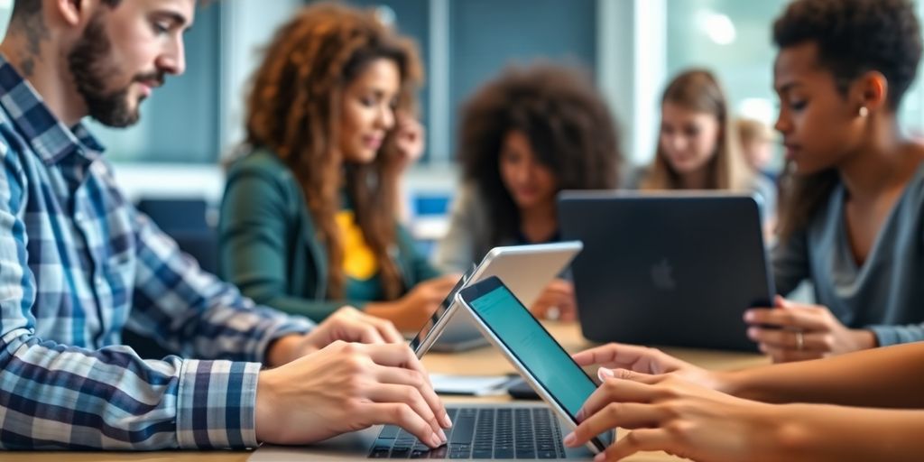 Mains d'étudiants sur claviers d'ordinateurs, avec des lumières vives.