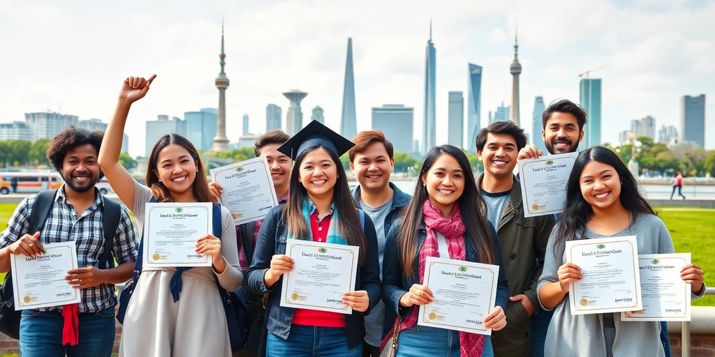 Diverse students celebrating diplomas with global landmarks backdrop.