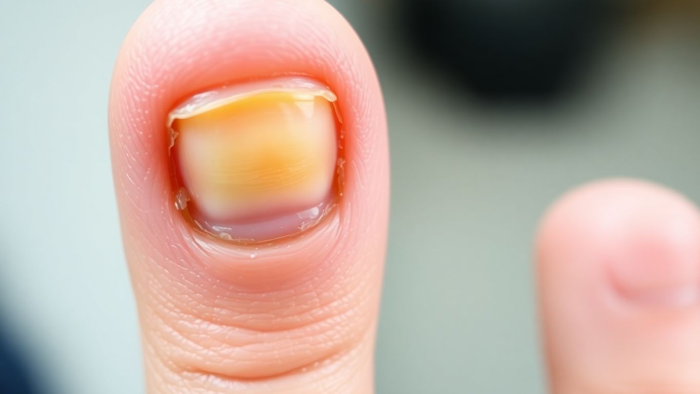 Close-up of a hand with a nail fungus infection.