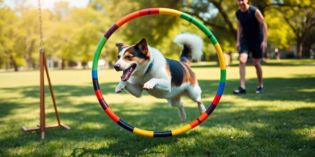 Dog jumping through a colorful hoop in a park.