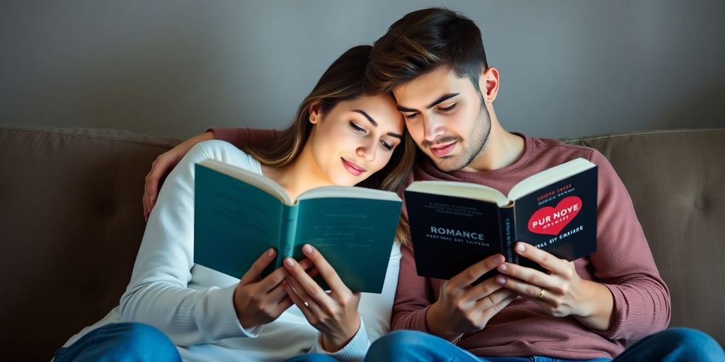 Couple reading a romance novel together.