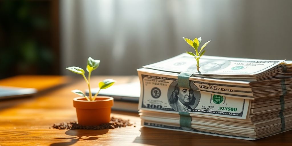 Neat stacks of cash with a vibrant green plant growing.