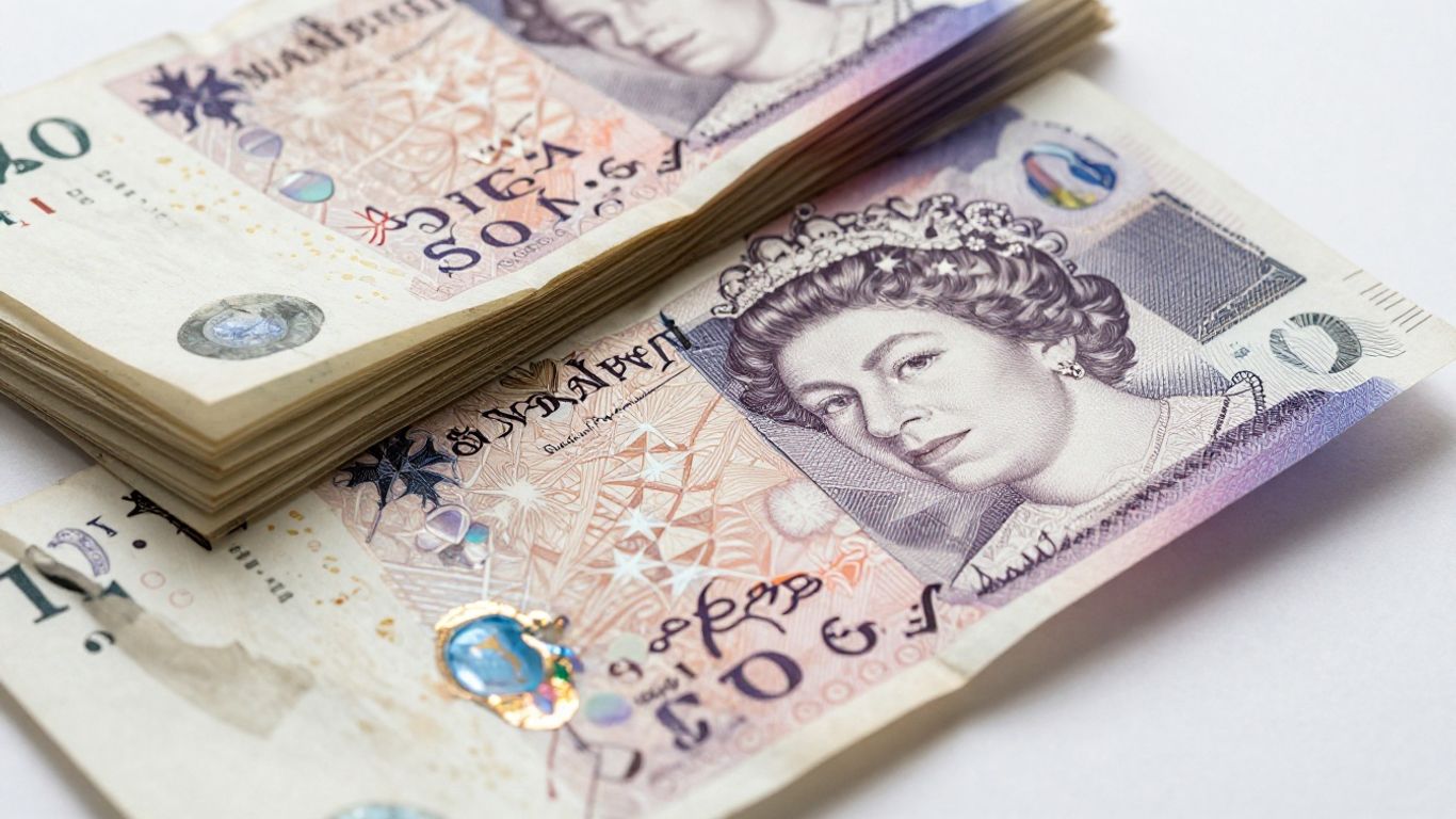 British pound notes, some new, some worn.