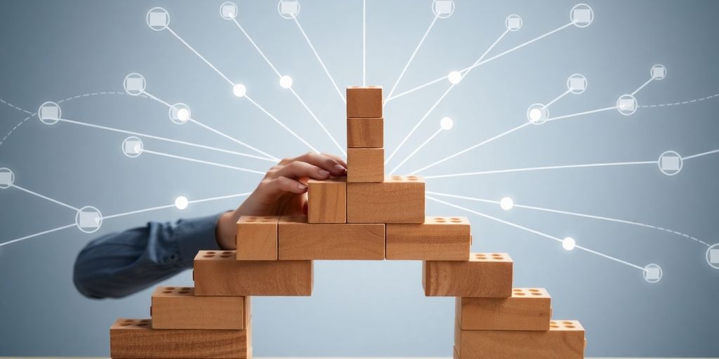 Man building a website with links connecting to a tower.