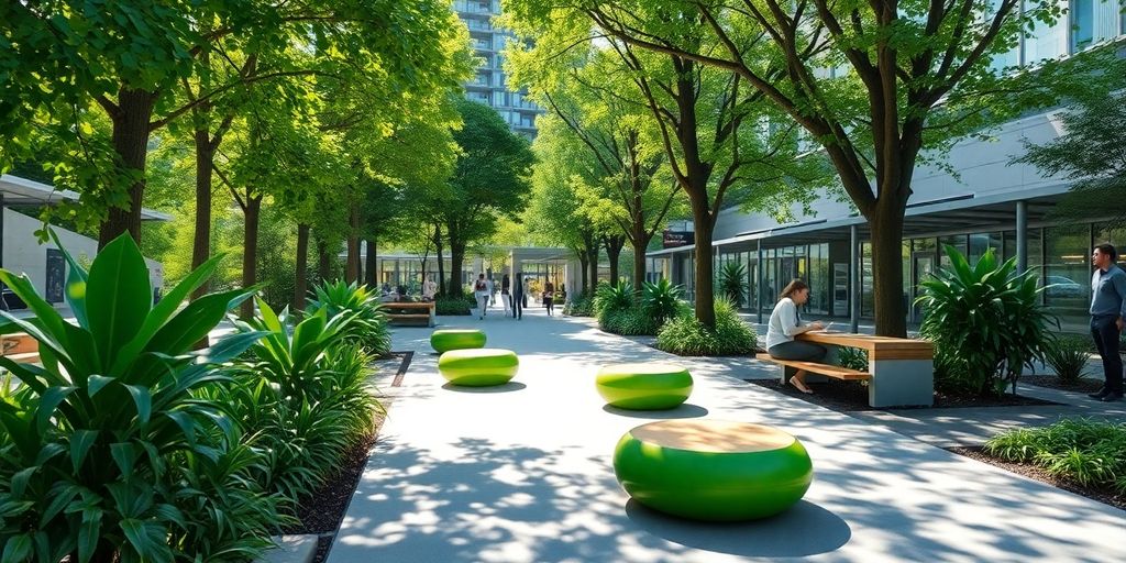 Area pubblica ecologica con piante e arredi sostenibili.