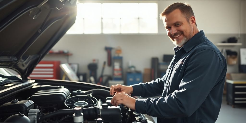Mechanic inspecting engine, tools nearby, clean garage.